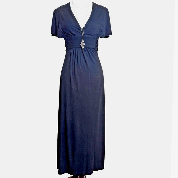 VTG‎ 90s Betsey Johnson New York Black Flutter Sleeve Maxi Dress 2 Back Sash Y2K